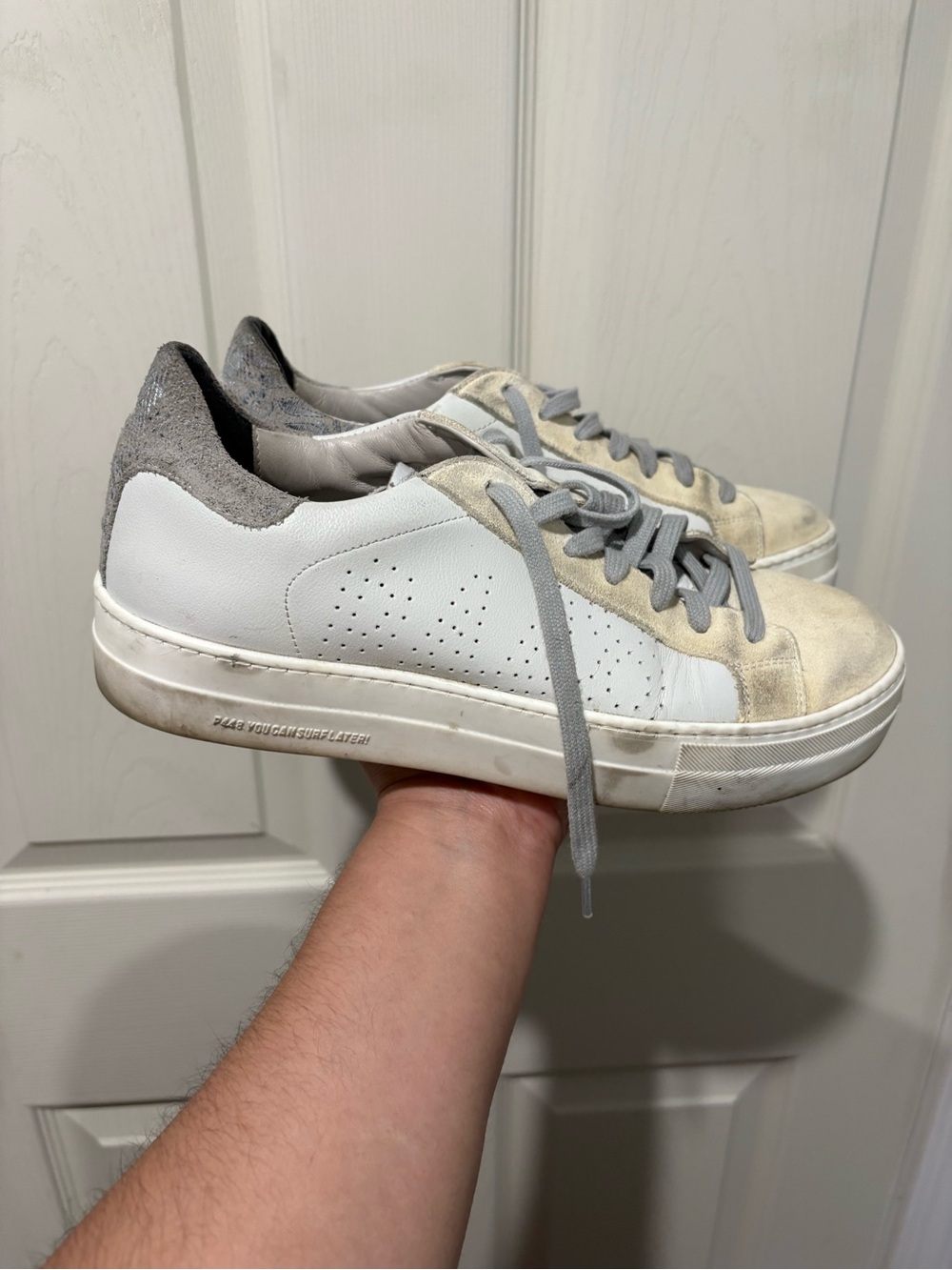 P448 Women's White and Gray Leather Low-Top Sneakers